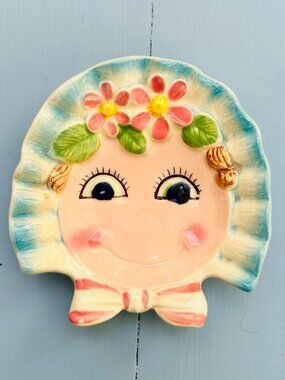 Vintage 1950s Kitschy Girl Face Wall Pocket Trinket Tray Mid Century Decor